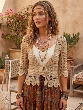 Beta's Choice Vintage Y2K Golden Crochet Tie-Front Boho Chic Bolero Size S